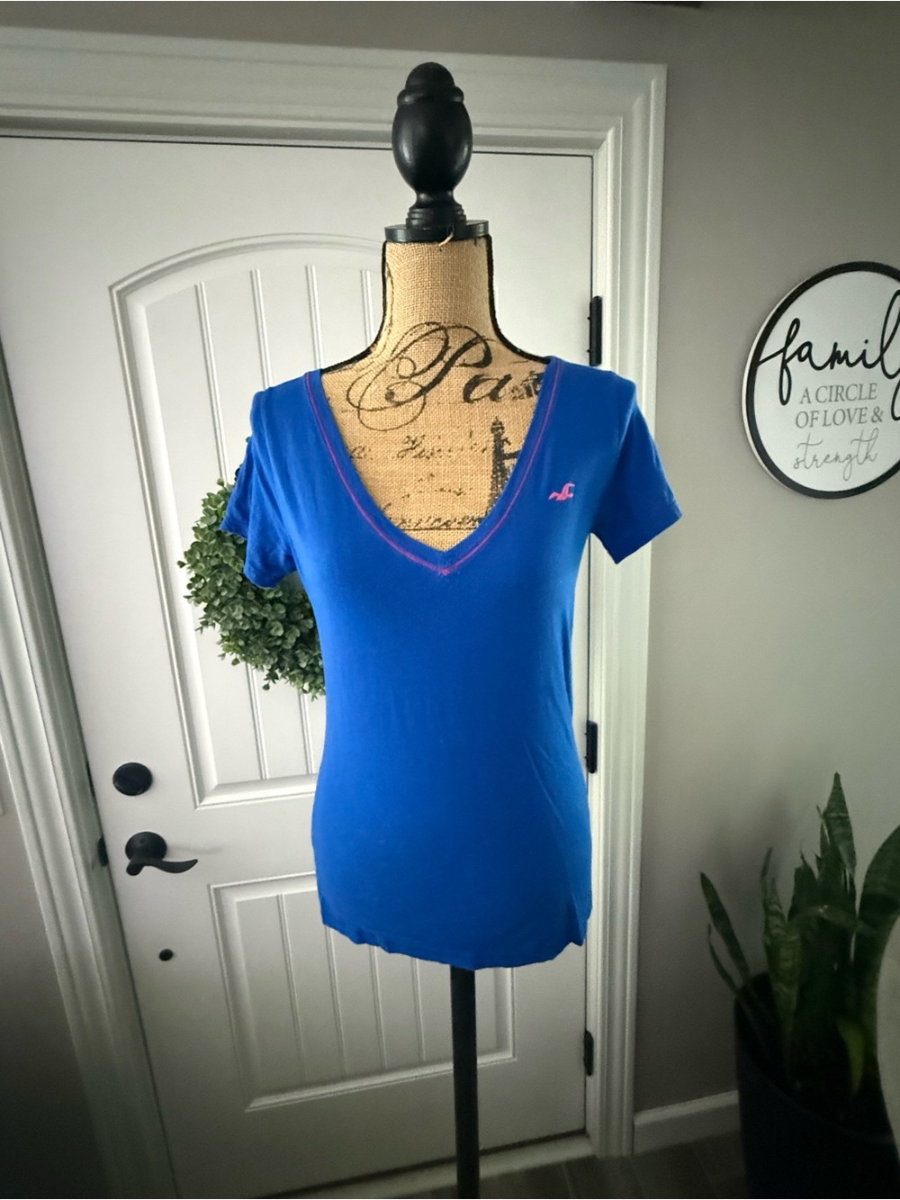 Hollister Royal Blue V-Neck Short Sleeve Tee with Pink Trim